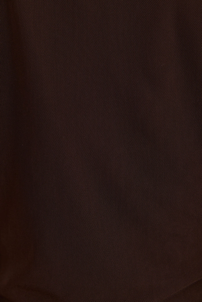 A close-up of dark brown textured fabric with a fine woven pattern and soft folds.