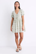 Model wearing a khaki striped puff sleeve mini dress with a V-neckline, puff sleeves, and a tie detail at the front.