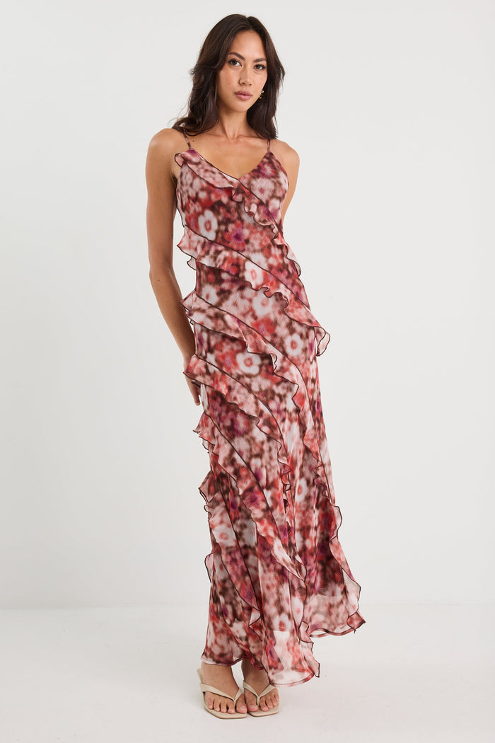 Woman wearing a floral dress on a white background