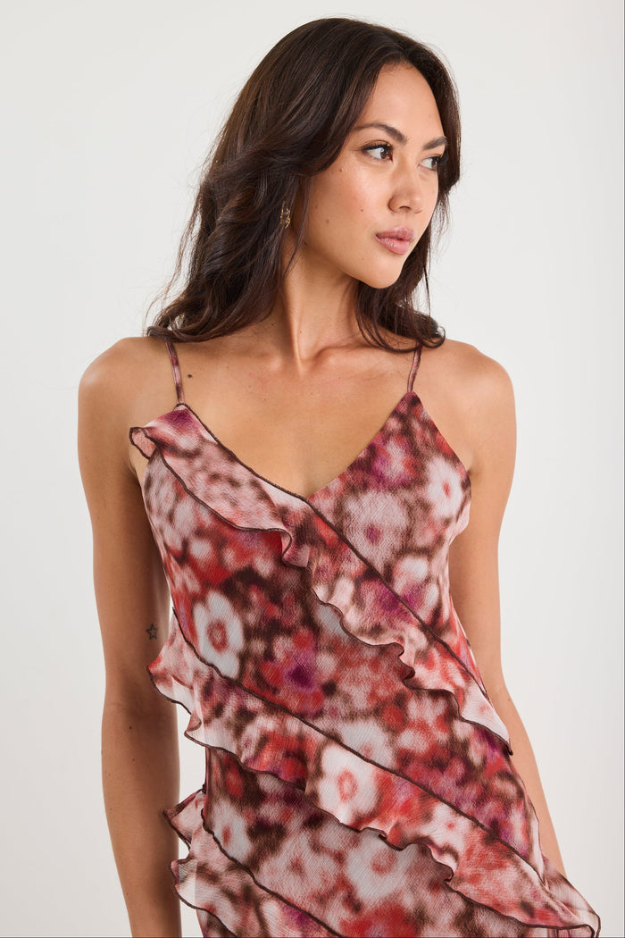 Woman wearing a floral dress against a white background