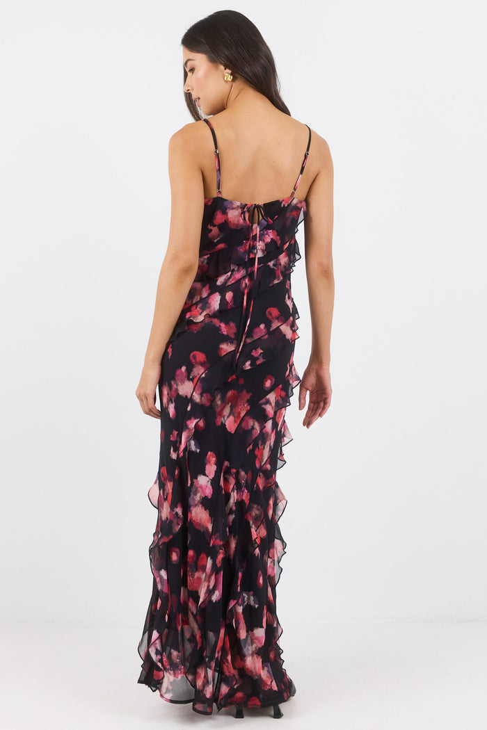 Woman wearing a floral dress on a white background