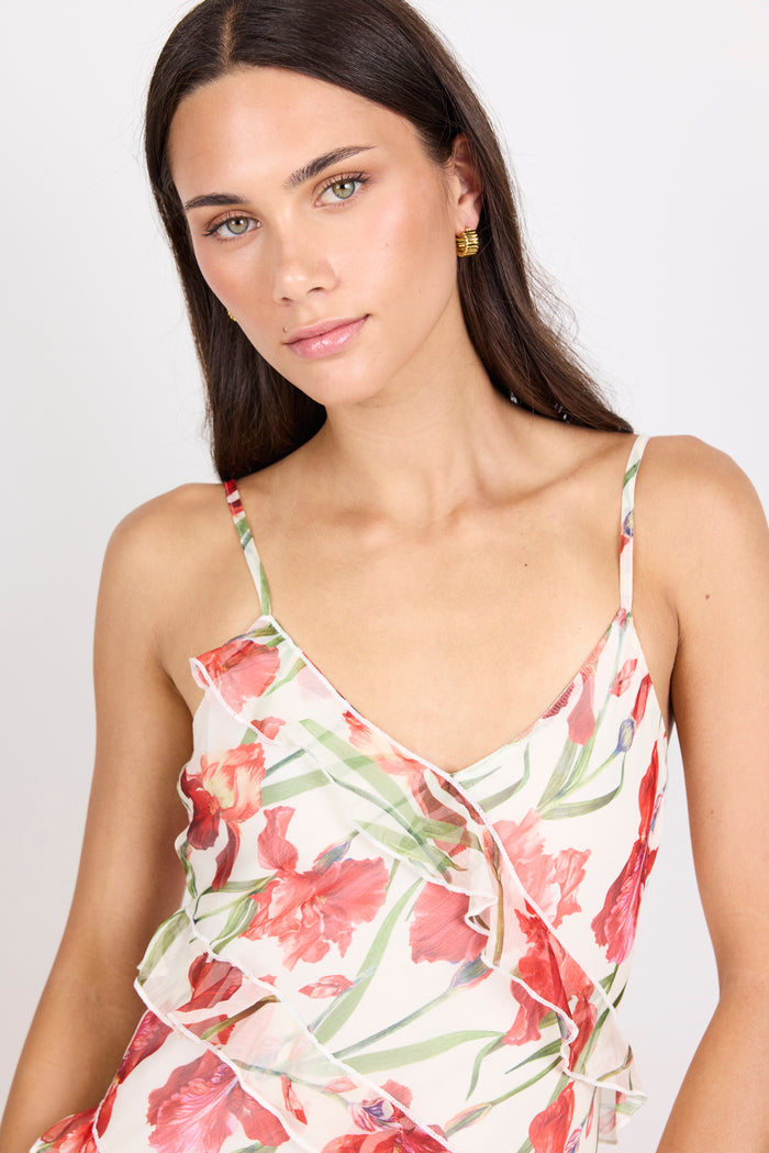 Galore Cream Red Floral Georgette Bias Ruffle Slip Maxi Dress
