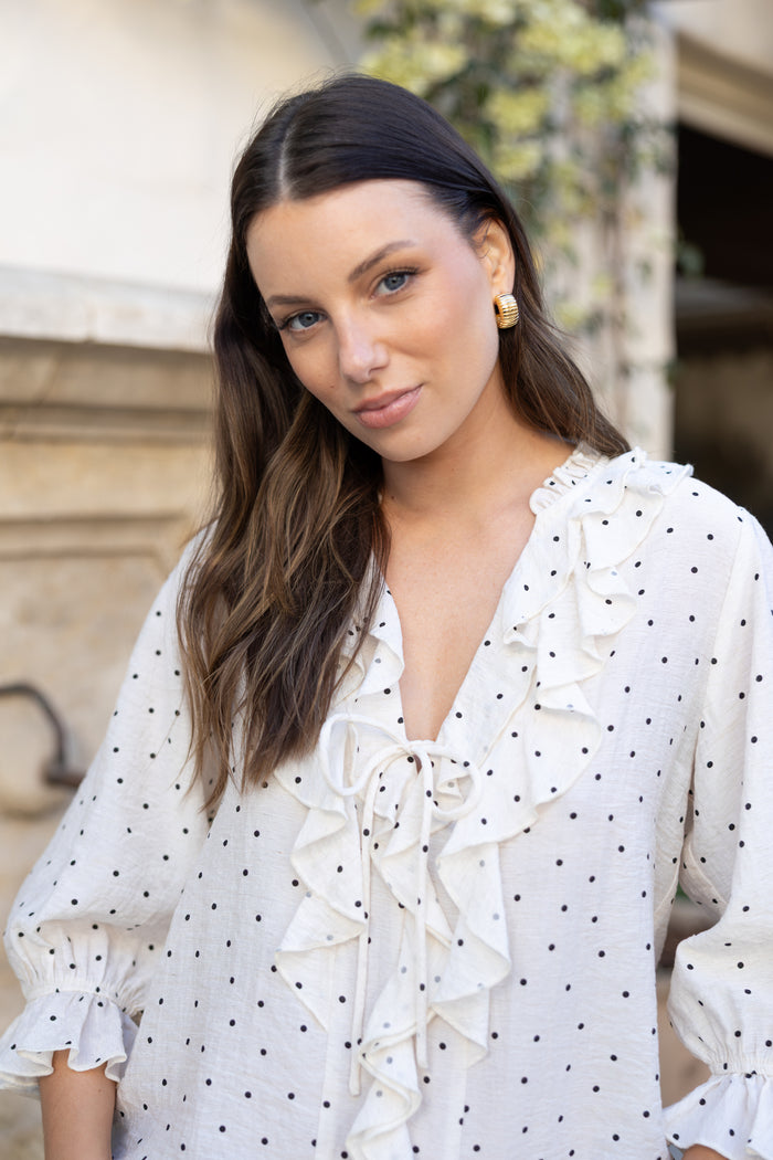 Garnish Cream Black Polka Dot Frill Front Mid Sleeve Top