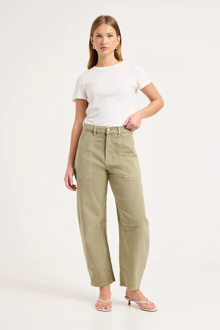 Gigi Summer Olive Drill Barrel Jean