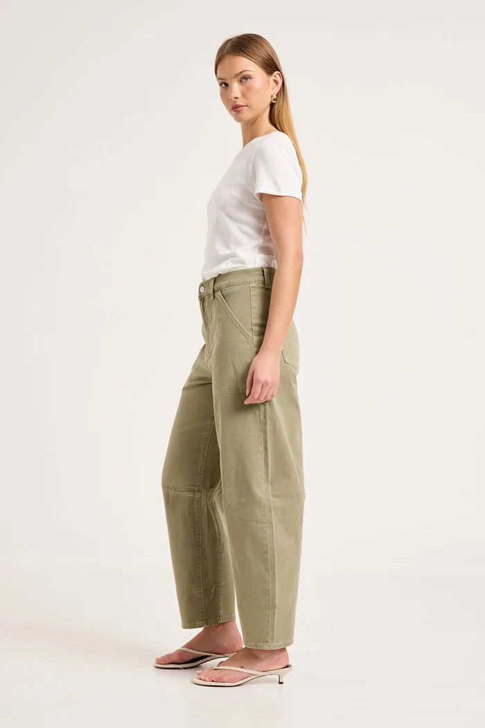 Gigi Summer Olive Drill Barrel Jean