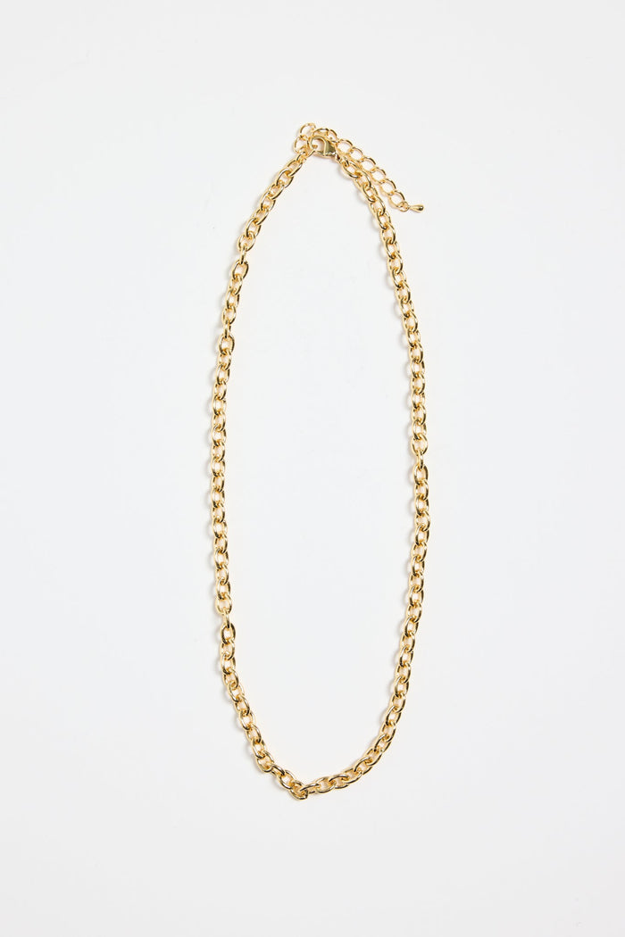 gold-plated brass chain necklace with round links, photographed flat on a white background.