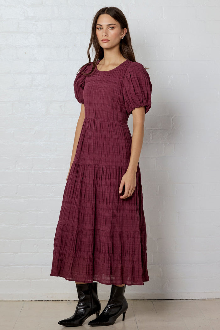 Graceful Burgundy Plum Shirred Cotton Bubble Short Sleeve Tiered Maxi Dress