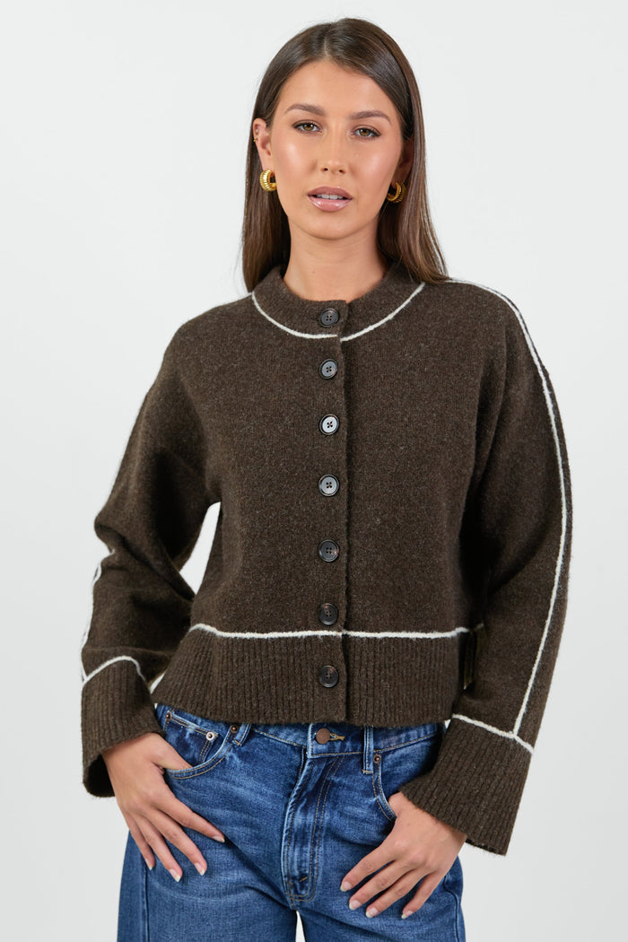 Habitual Chocolate Contrast Trim Cardigan