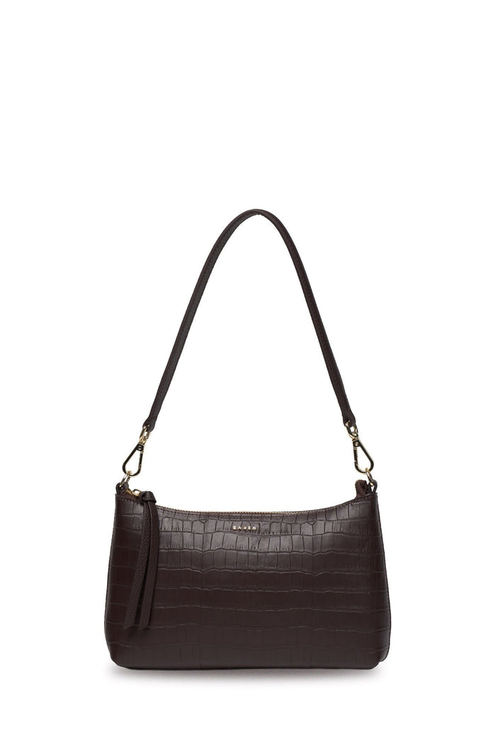 A dark brown crocodile-embossed leather shoulder bag with a matching leather strap and gold-tone hardware, shown against a plain off-white background.