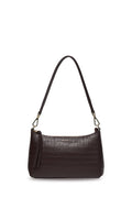 A dark brown crocodile-embossed leather shoulder bag with a matching leather strap and gold-tone hardware, shown against a plain off-white background.