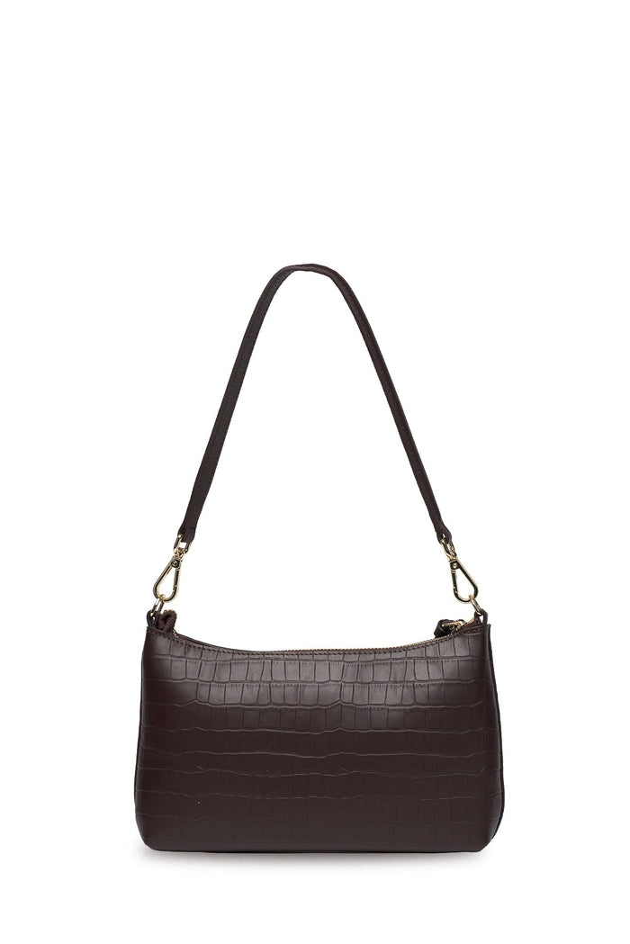 A dark brown crocodile-embossed leather shoulder bag with a single adjustable strap and gold-tone hardware, shown against a plain white background.