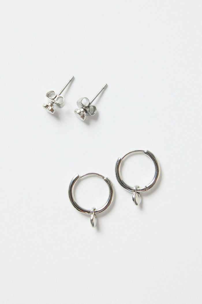 Heart Sleeper Stud Set Rhodium Earrings