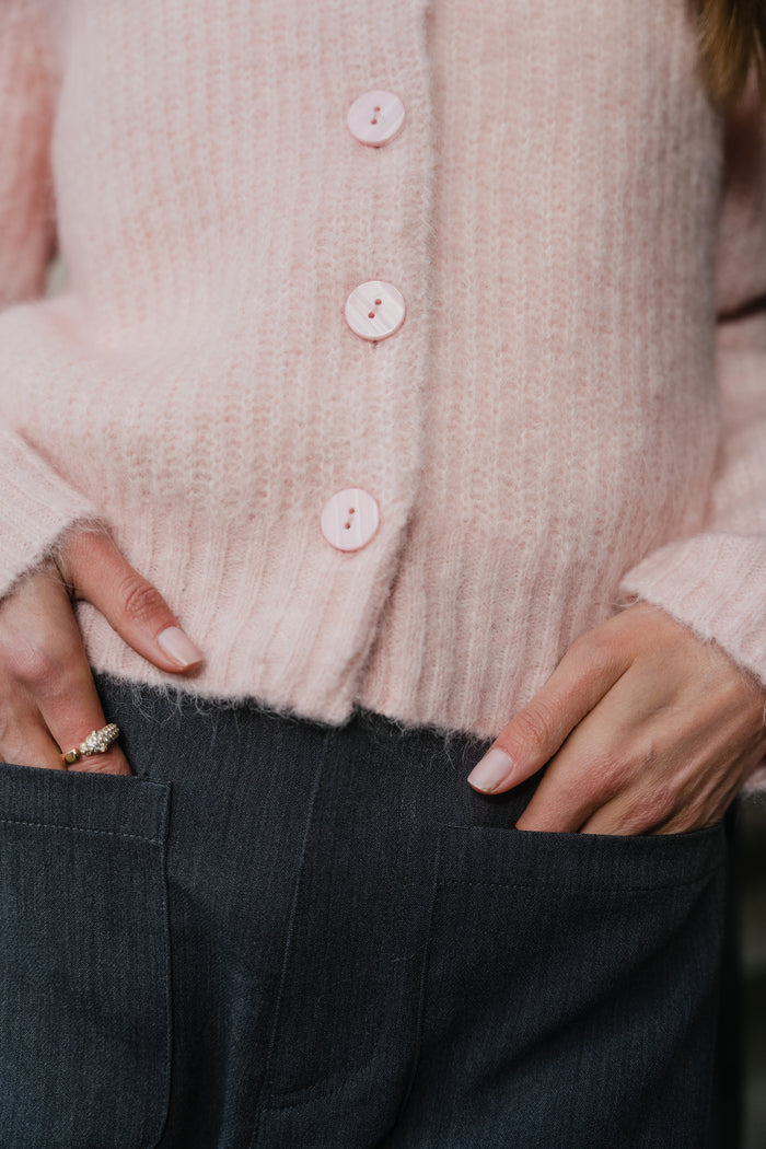 Highlight Blush Mohair Blend Crewneck Cardigan