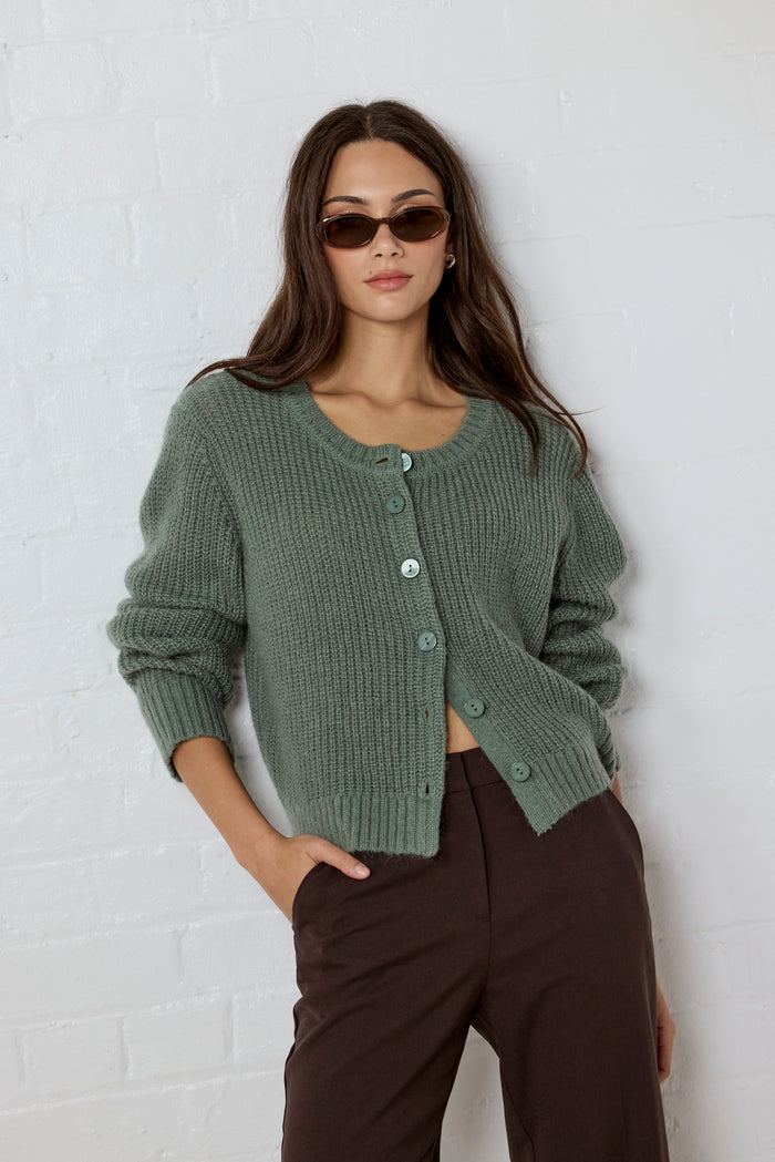 Highlight Sage Mohair Blend Crewneck Cardigan