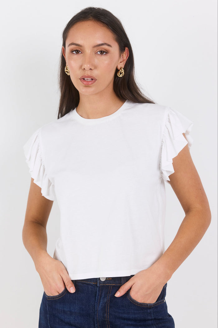 Woman wearing a white ruffled top and dark jeans on a white background
col_pattern