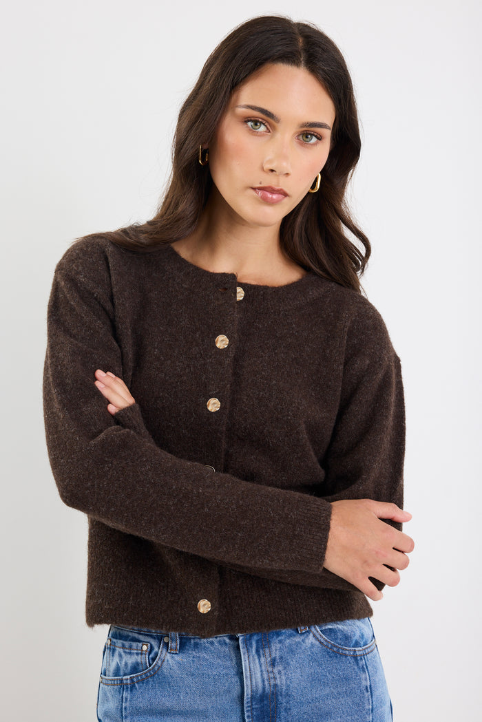 Imprint Chocolate Soft Knit Crewneck Cardigan