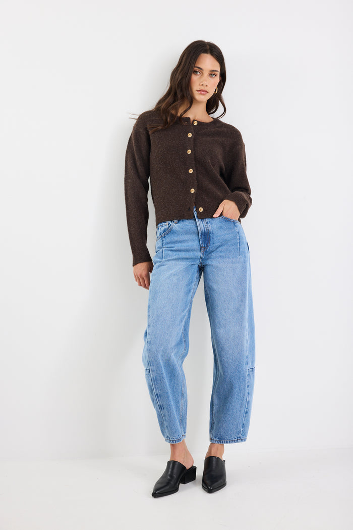 Imprint Chocolate Soft Knit Crewneck Cardigan