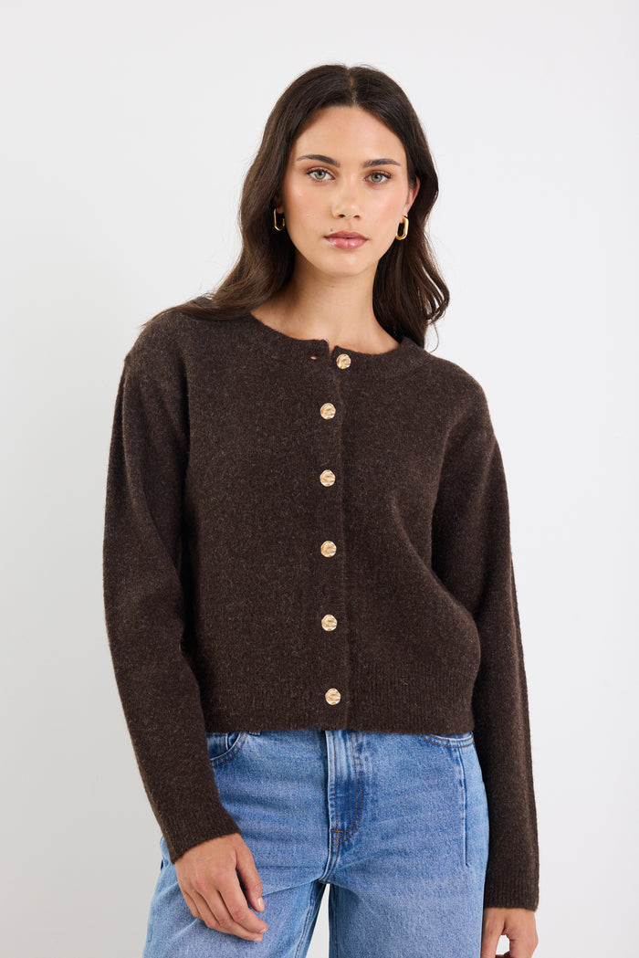 Imprint Chocolate Soft Knit Crewneck Cardigan