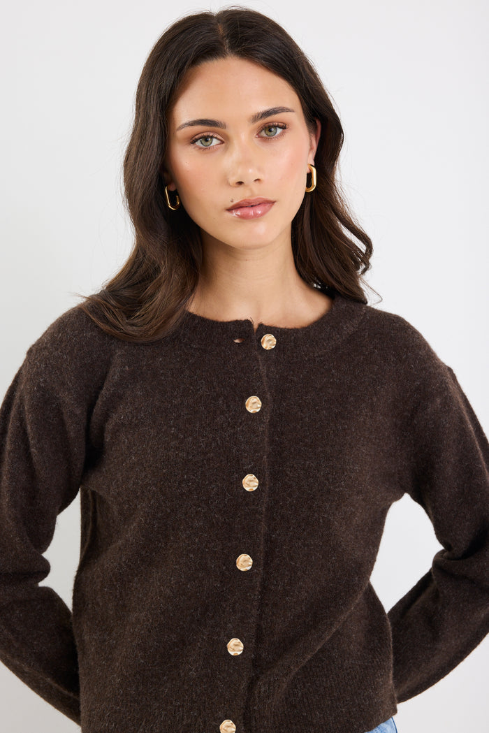 Imprint Chocolate Soft Knit Crewneck Cardigan