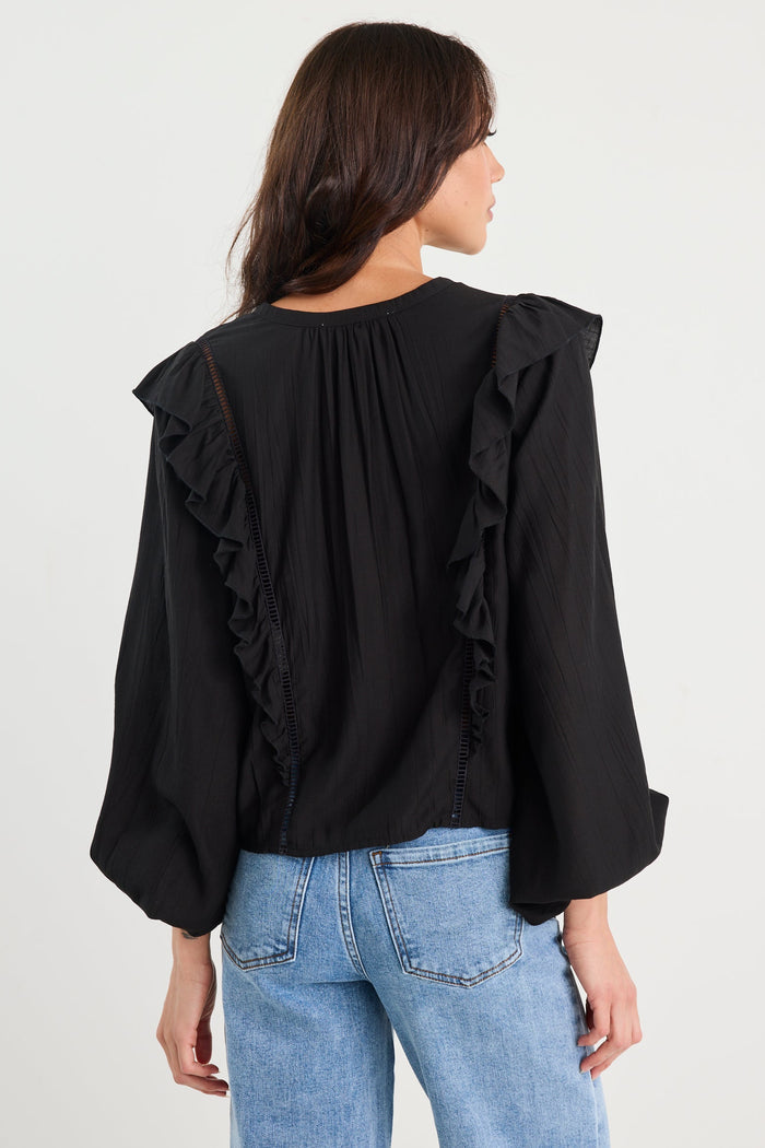 Person wearing a black blouse with ruffled sleeves and light blue jeans on a white background
col_pattern