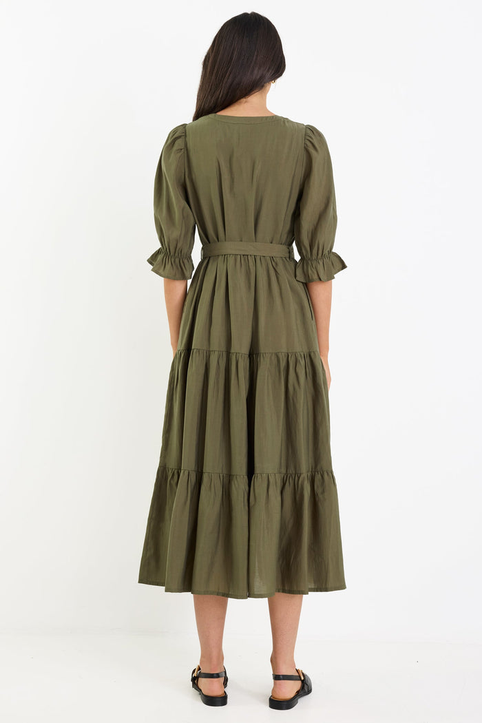 Irresistible Khaki SS Button Front Tiered Maxi Dress