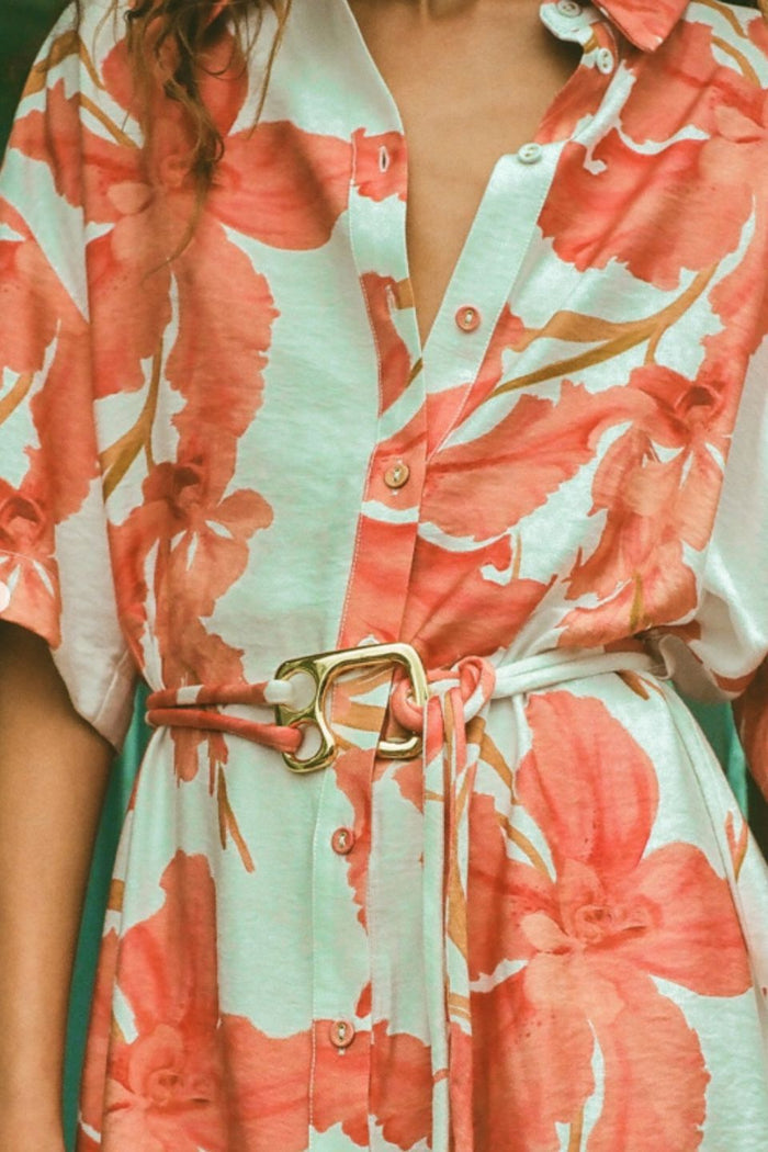 Isla Peach Floral SS Mini Shirt Dress