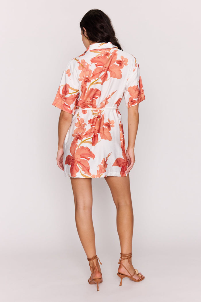 Woman wearing a floral dress on a plain background