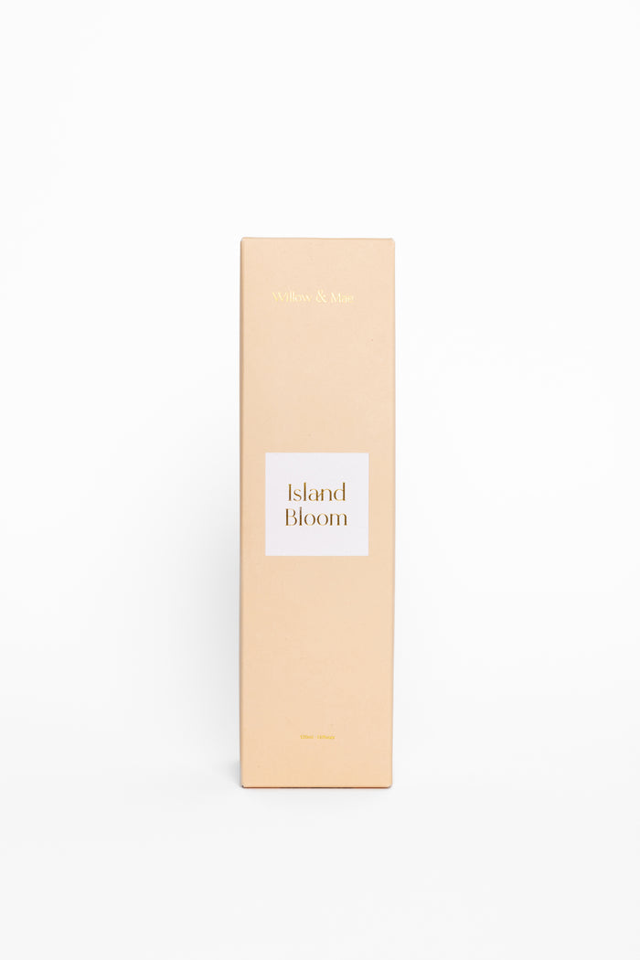Beige box with 'Island Bloom' label on a white background