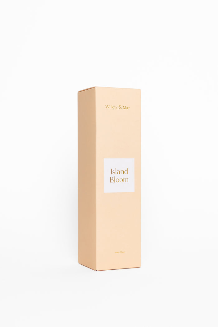 Beige box with 'Island Bloom' branding on a white background