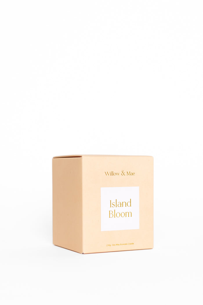 Willow & Vine candle box with 'Island Bloom' text on a white background
