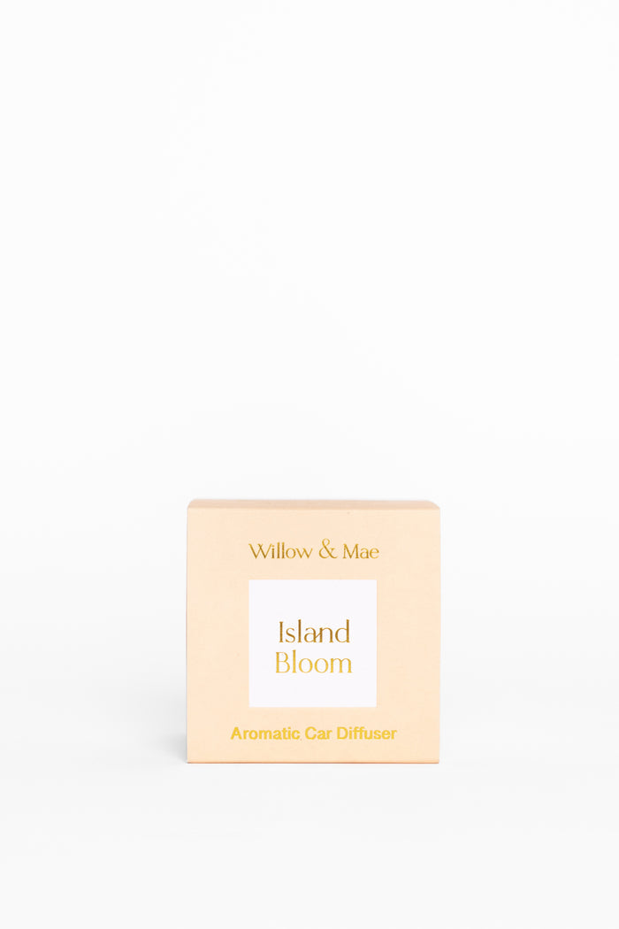 Aromatic car diffuser packaging with 'Island Bloom' on a white background