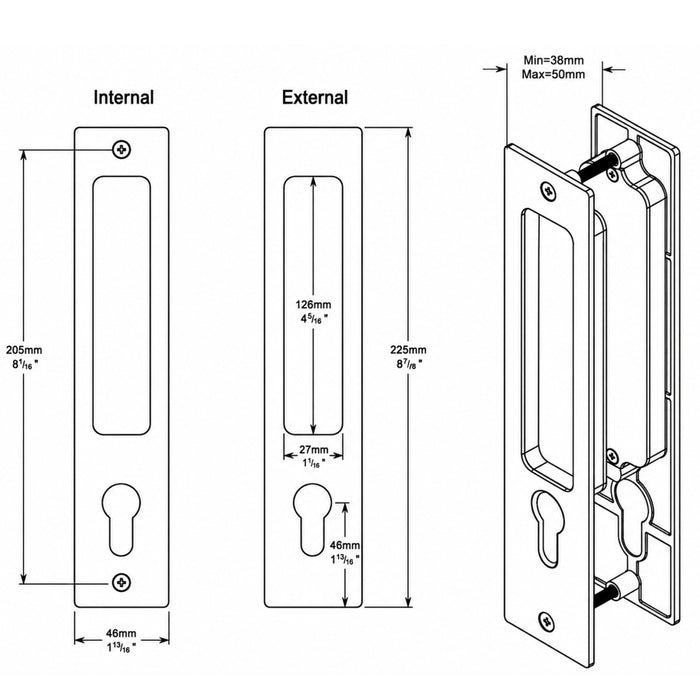 Line Drawing Iver Rectangular Sliding Door Pull Entrance Kit with High Security Lock Satin Nickel 21419E - The Blue Space