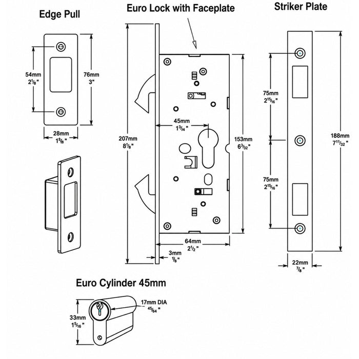 Line Drawing Iver Rectangular Sliding Door Pull Entrance Kit with High Security Lock Satin Nickel 21419E - The Blue Space