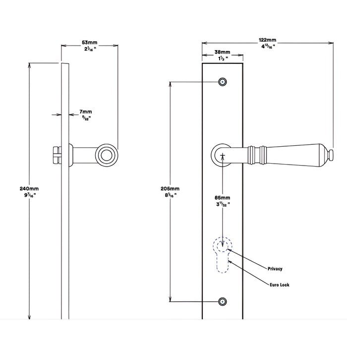 Line Drawing Iver Sarlat Lever Rectangular Backplate Entrance Kit with High Security Lock Signature Brass 10700KENTR60KT - The Blue Space