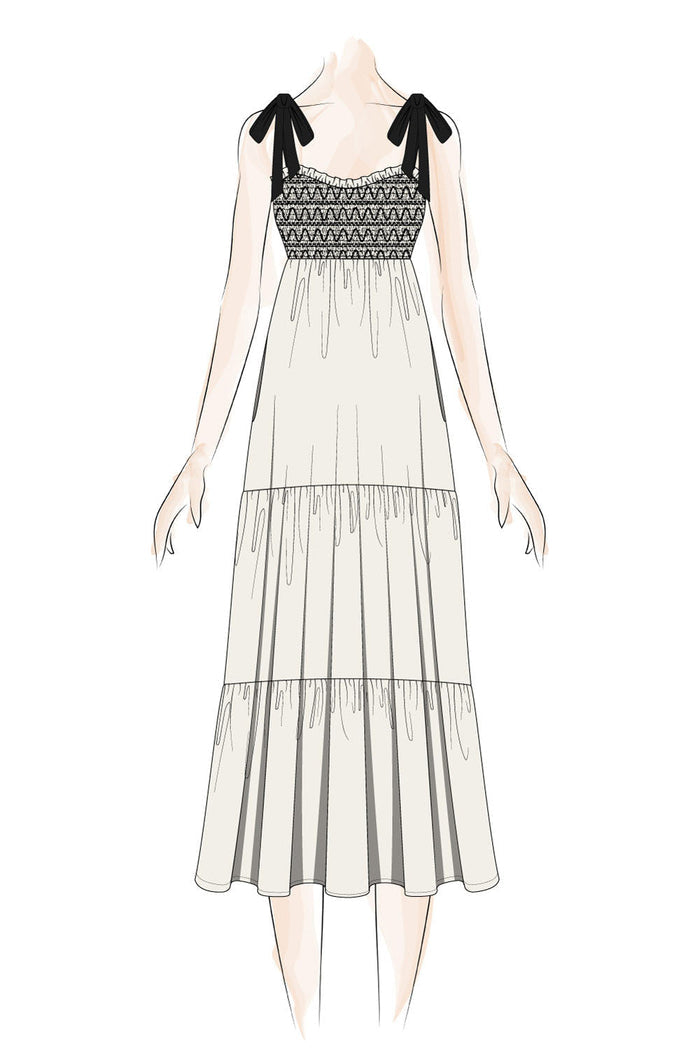 Ivory Tie Shoulder Embroidery Midi Dress