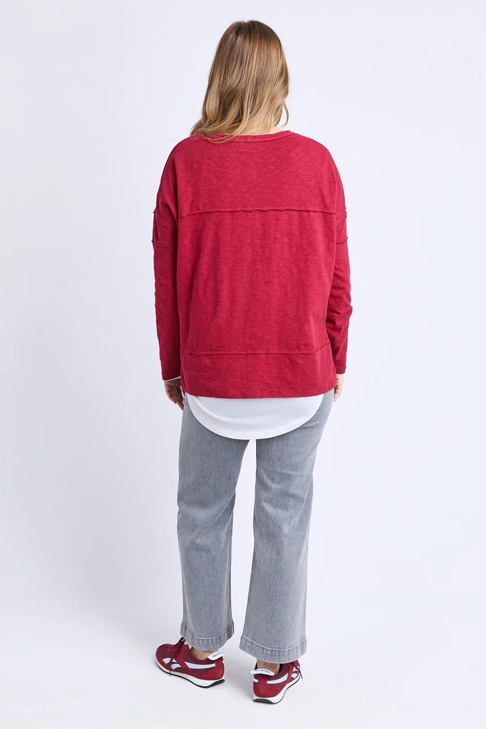 Person wearing a red sweater, white shirt, gray pants, and red sneakers on a white background