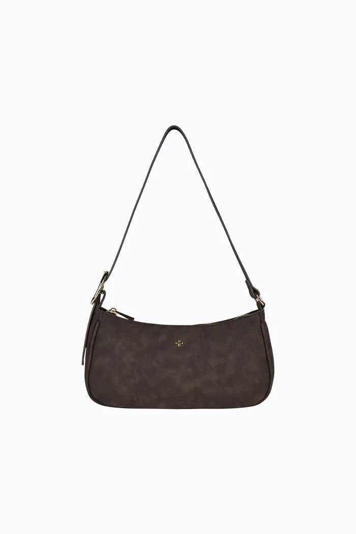 Brown handbag with a strap on a white background