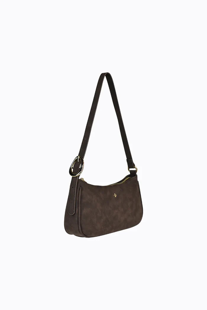 Brown handbag with a black strap on a white background