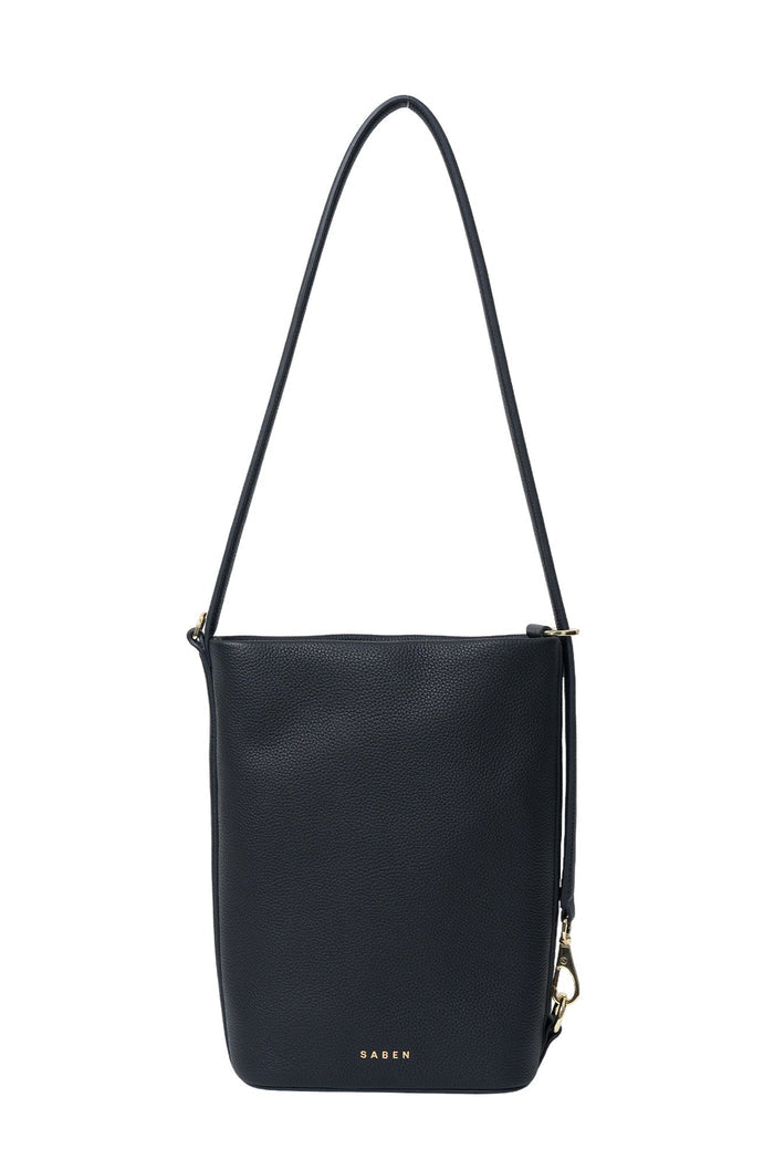 Black shoulder bag with a strap on a white background
