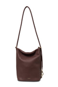 Brown leather shoulder bag on a white background