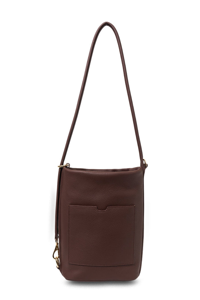 Brown shoulder bag with a strap on a white background