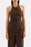 Juno Chocolate Shirred Back Linen Blend Halter Top