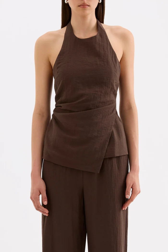 Juno Chocolate Shirred Back Linen Blend Halter Top