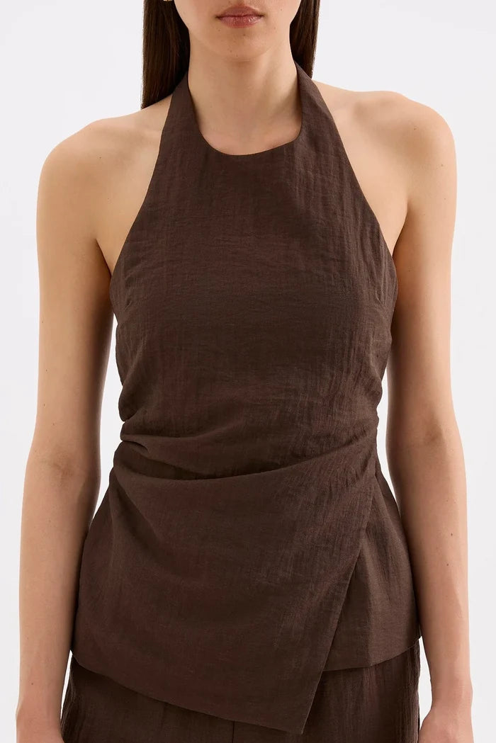 Juno Chocolate Shirred Back Linen Blend Halter Top
