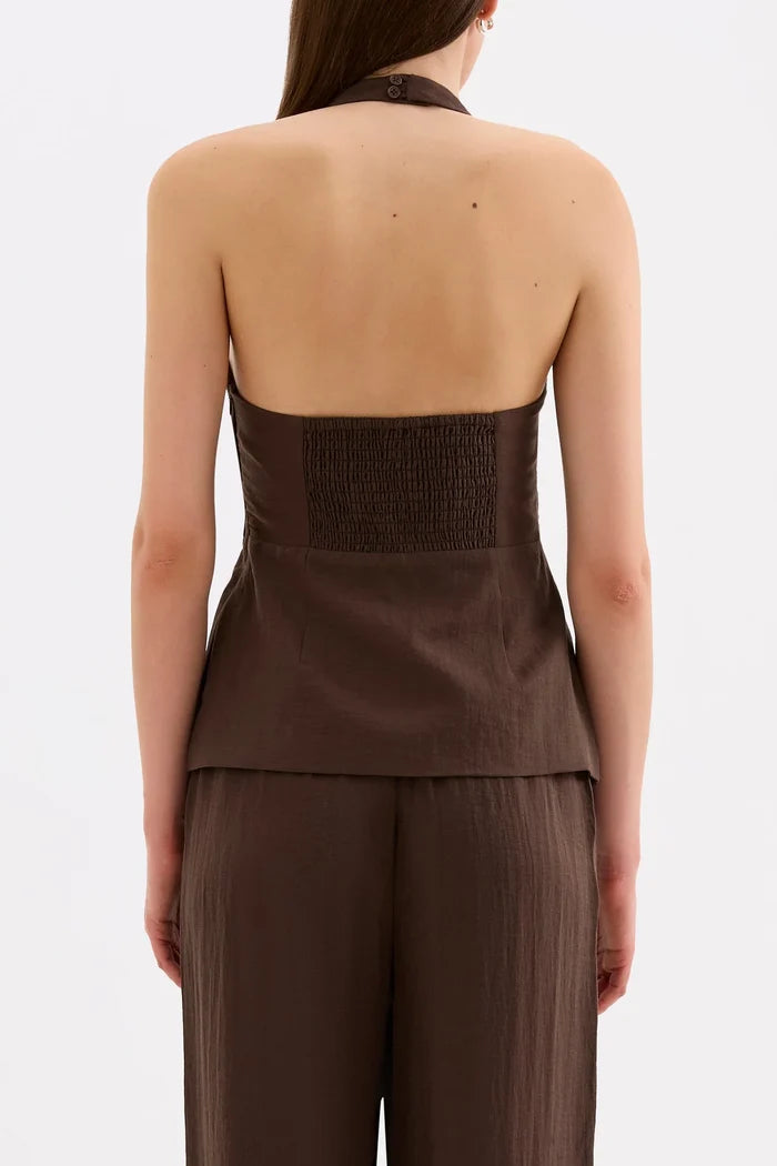 Juno Chocolate Shirred Back Linen Blend Halter Top