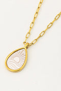 Gold necklace with a teardrop-shaped pendant on a white background