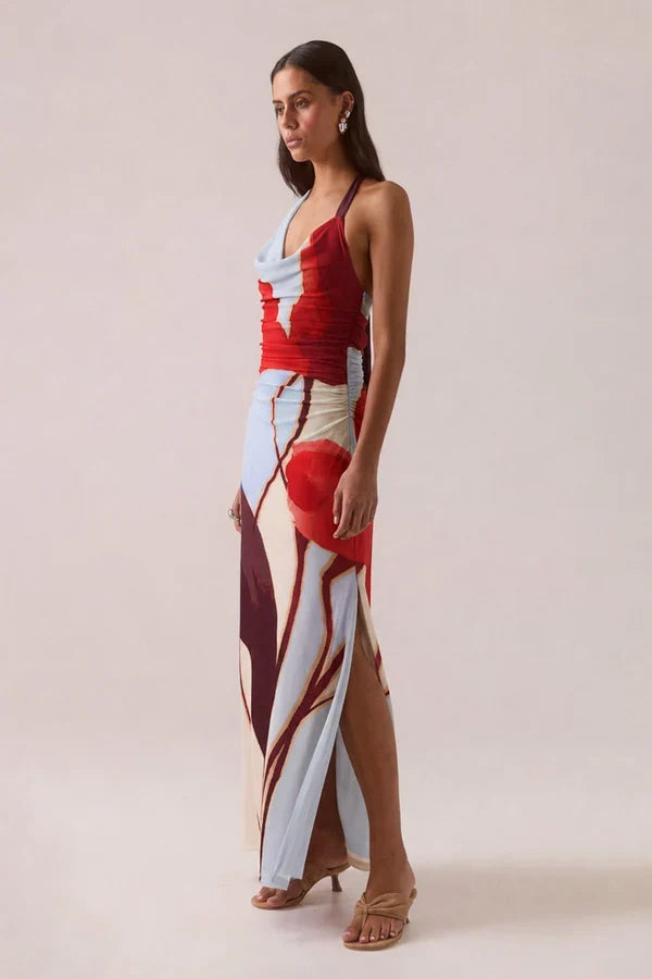 Kalea Blue Bloom Cowl Mesh Halter Maxi Dress