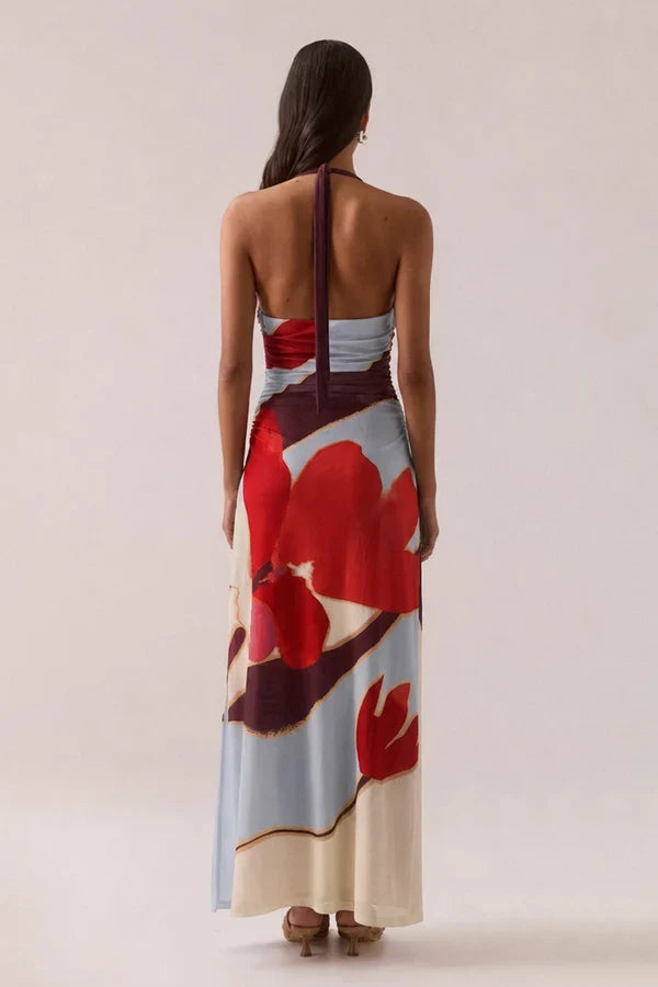 Kalea Blue Bloom Cowl Mesh Halter Maxi Dress