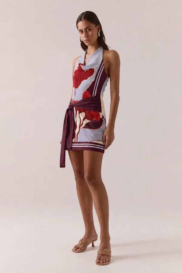 Kalea Blue Bloom Cowl Mesh Halter Waist Tie Mini Dress