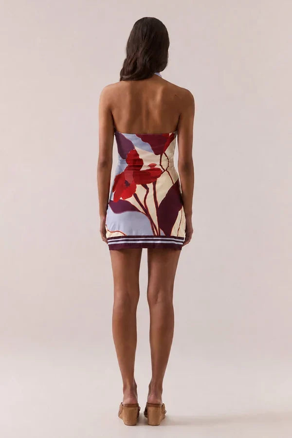 Kalea Blue Bloom Cowl Mesh Halter Waist Tie Mini Dress